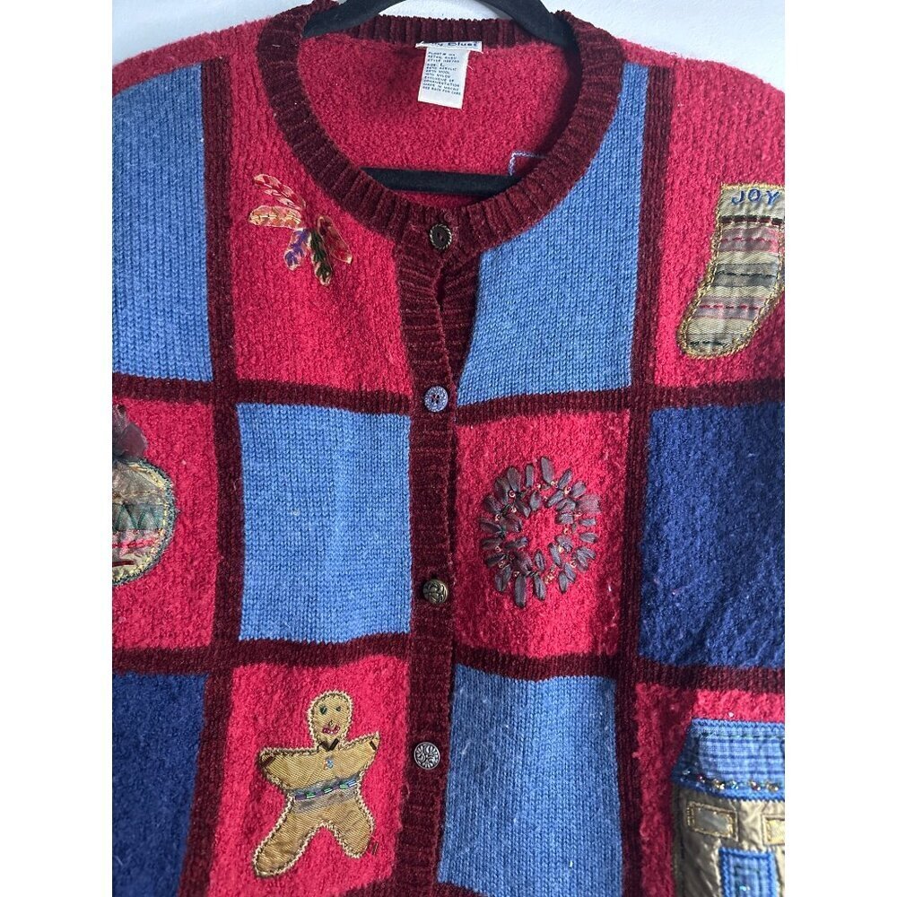 VTG Wool Blend Christmas Sweater Women’s L Holiday Patchwork Festive Knit Y2K - Picture 2 of 8